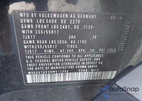 2017 Volkswagen Tiguan 2.0T Wolfsburg Edition z USA, uszkodzony, nr VIN WVGSV7AX9HW512486